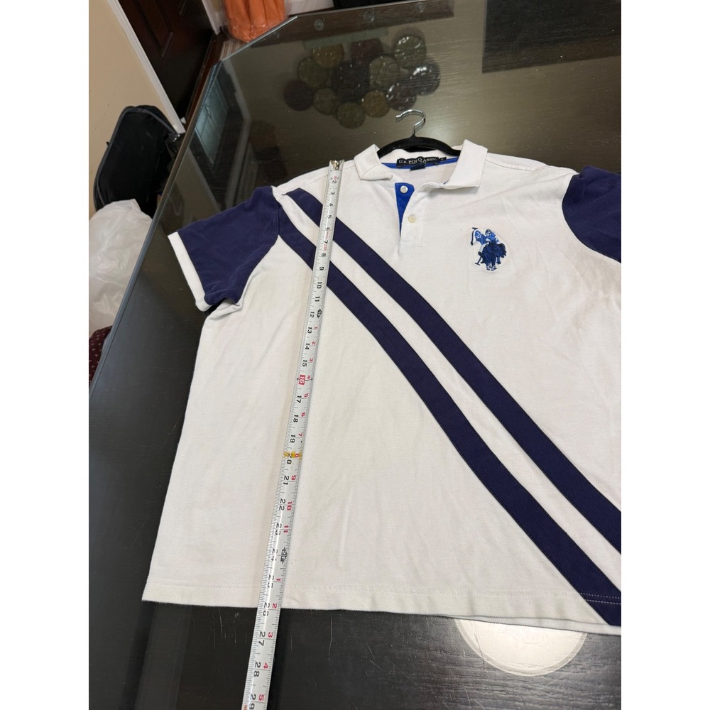US Polo Assn Mens Large Polo Shirt Cream White Navy Blue Diagonal Stripe Cotton - Picture 2 of 6